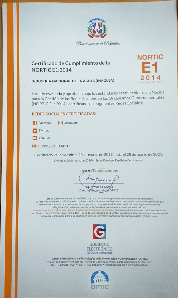 La INAGUJA recibe certificación Nortic E1:2014, de parte de la Optic.